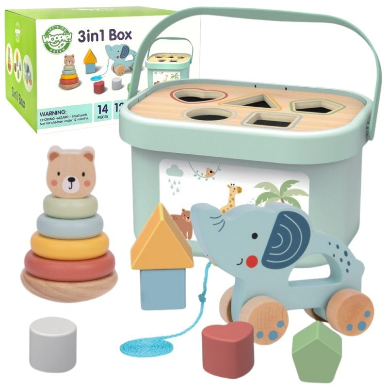 Speelgoedbox 3-in-1 – vormenstoof, stapeltoren en trekolifant – afbeelding 2