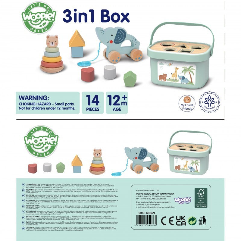 Speelgoedbox 3-in-1 – vormenstoof, stapeltoren en trekolifant – afbeelding 3