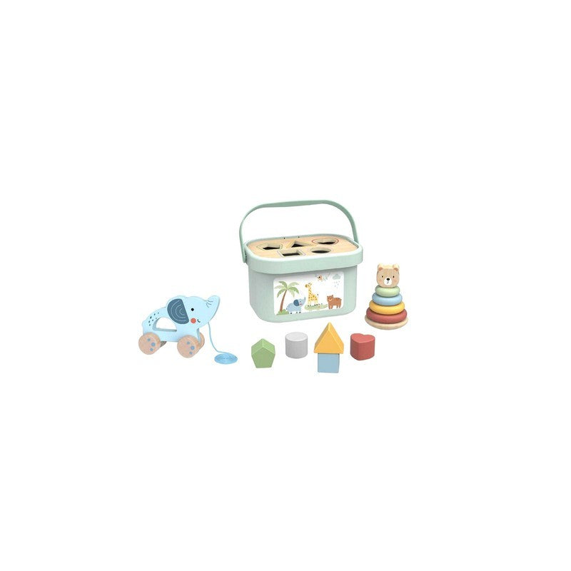 Speelgoedbox 3-in-1 – vormenstoof, stapeltoren en trekolifant – afbeelding 5