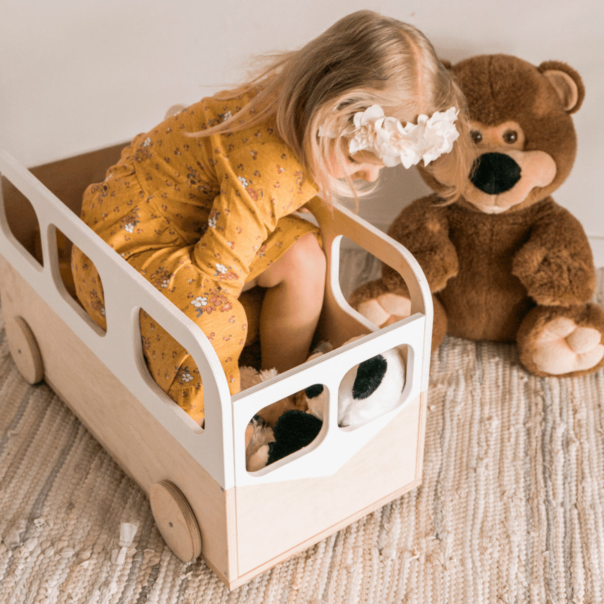 Speelgoedkist op wielen bus – hout