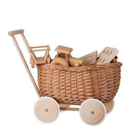 Speelgoedwagen riet met houten wielen en stoffen voering