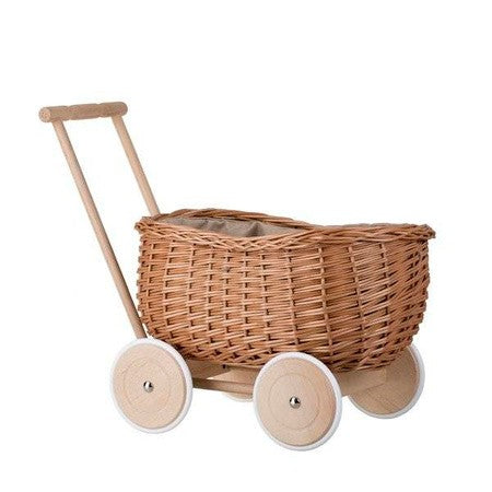 Speelgoedwagen riet met houten wielen en stoffen voering – afbeelding 4