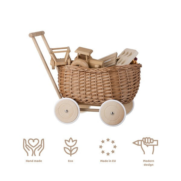 Speelgoedwagen riet met houten wielen en stoffen voering – afbeelding 8