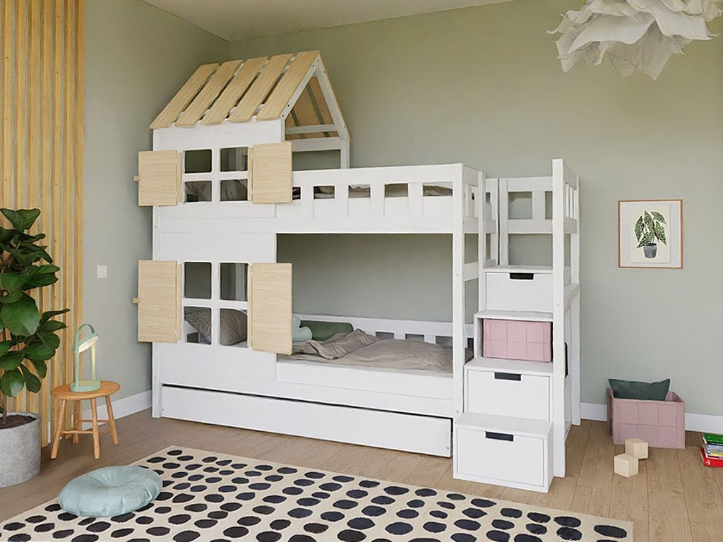 Stapelbed COTTAGE met half dak en opbergtrap 90x200 cm
