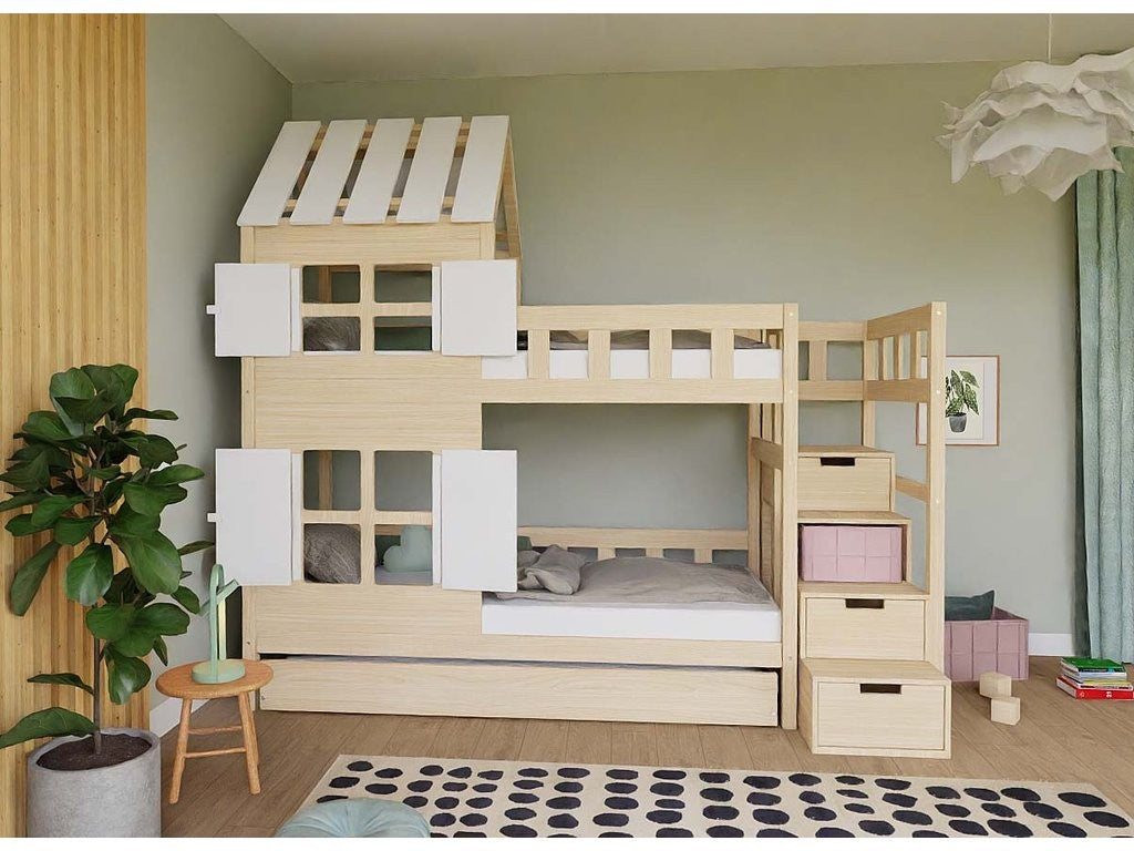 Stapelbed COTTAGE met half dak en opbergtrap 90x200 cm – afbeelding 2
