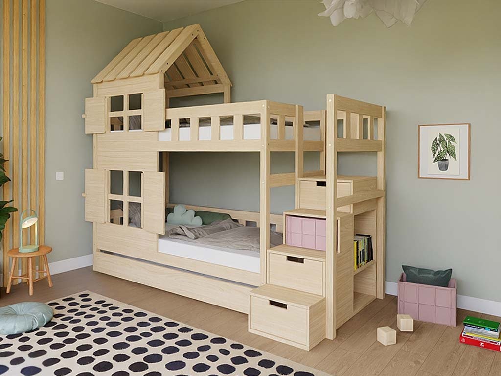 Stapelbed COTTAGE met half dak en opbergtrap 90x200 cm – afbeelding 5