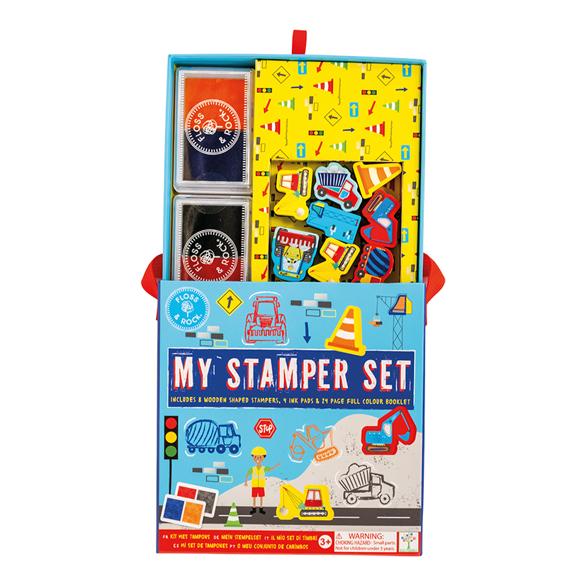 Stempelset bouwplaats met houten stempels en inktkussens – afbeelding 4