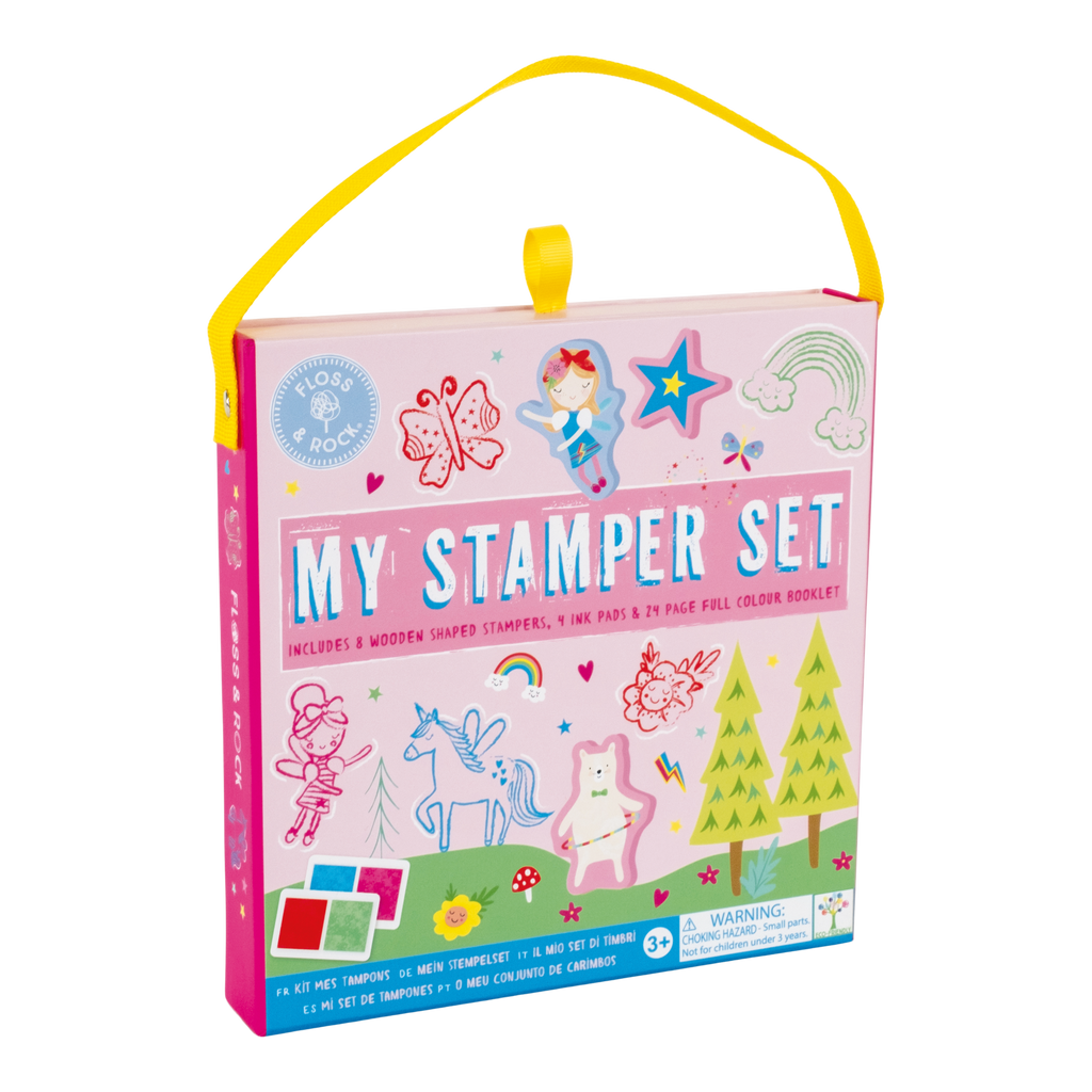 Stempelset regenboogfee met houten stempels en inktkussens