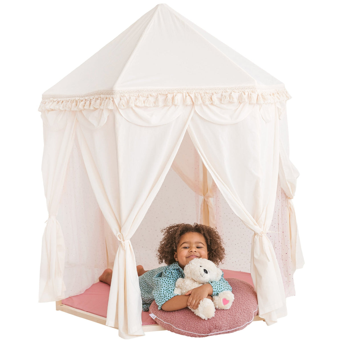 Speeltent paviljoen boho ecru met tule en kwastjes