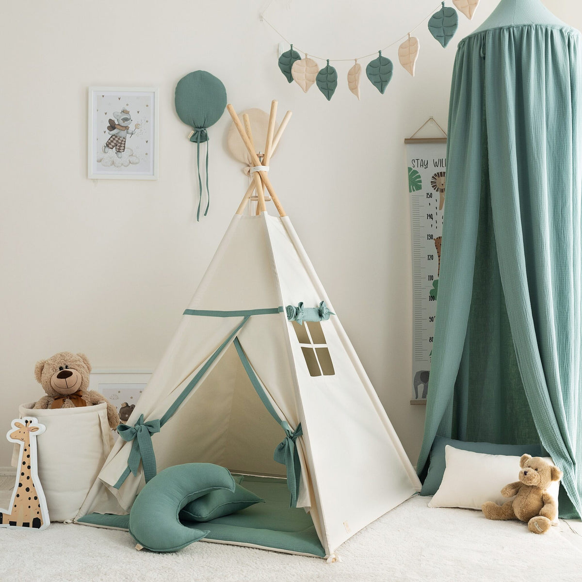 Tipi tent kind beige met saliegroen – afbeelding 2