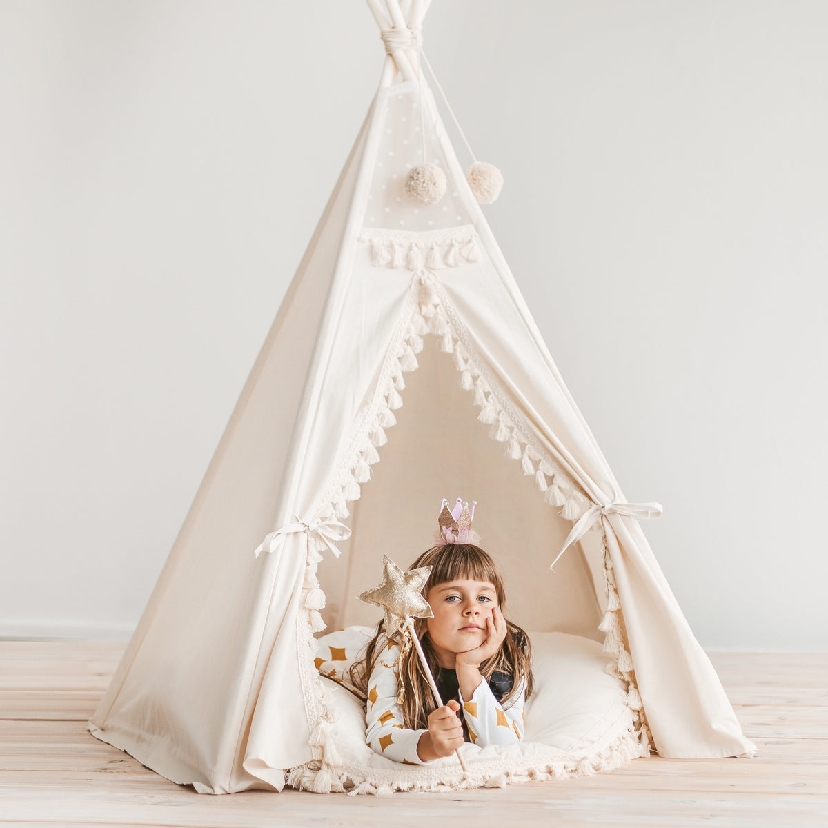 Tipi tent boho ecru met kwastjes – afbeelding 2