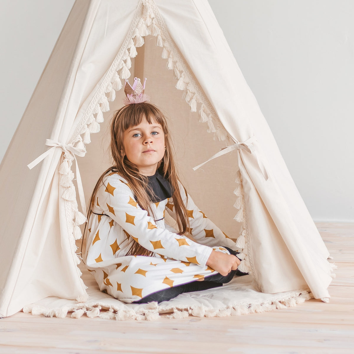 Tipi tent boho ecru met kwastjes – afbeelding 4