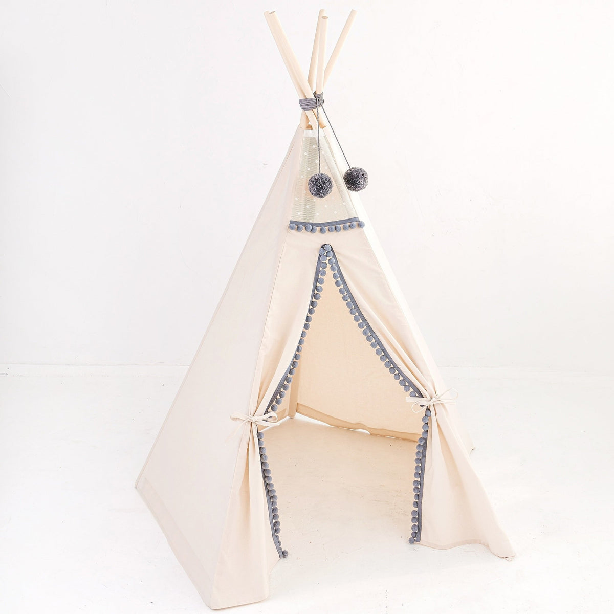 Tipi tent ecru met grijze pompons – afbeelding 3
