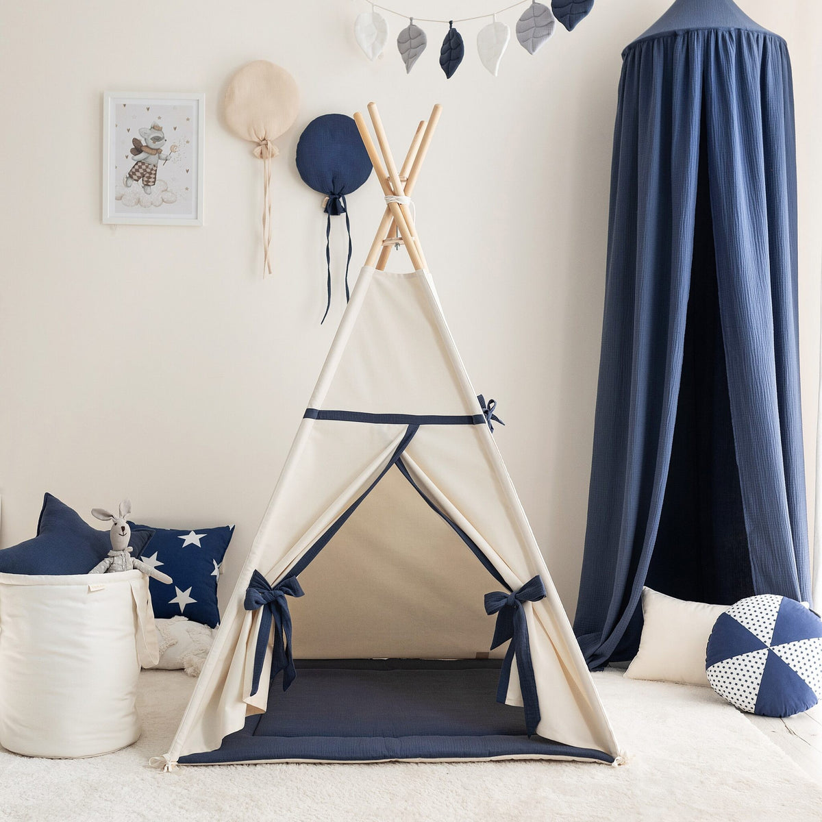 Tipi tent kind beige met donkerblauw