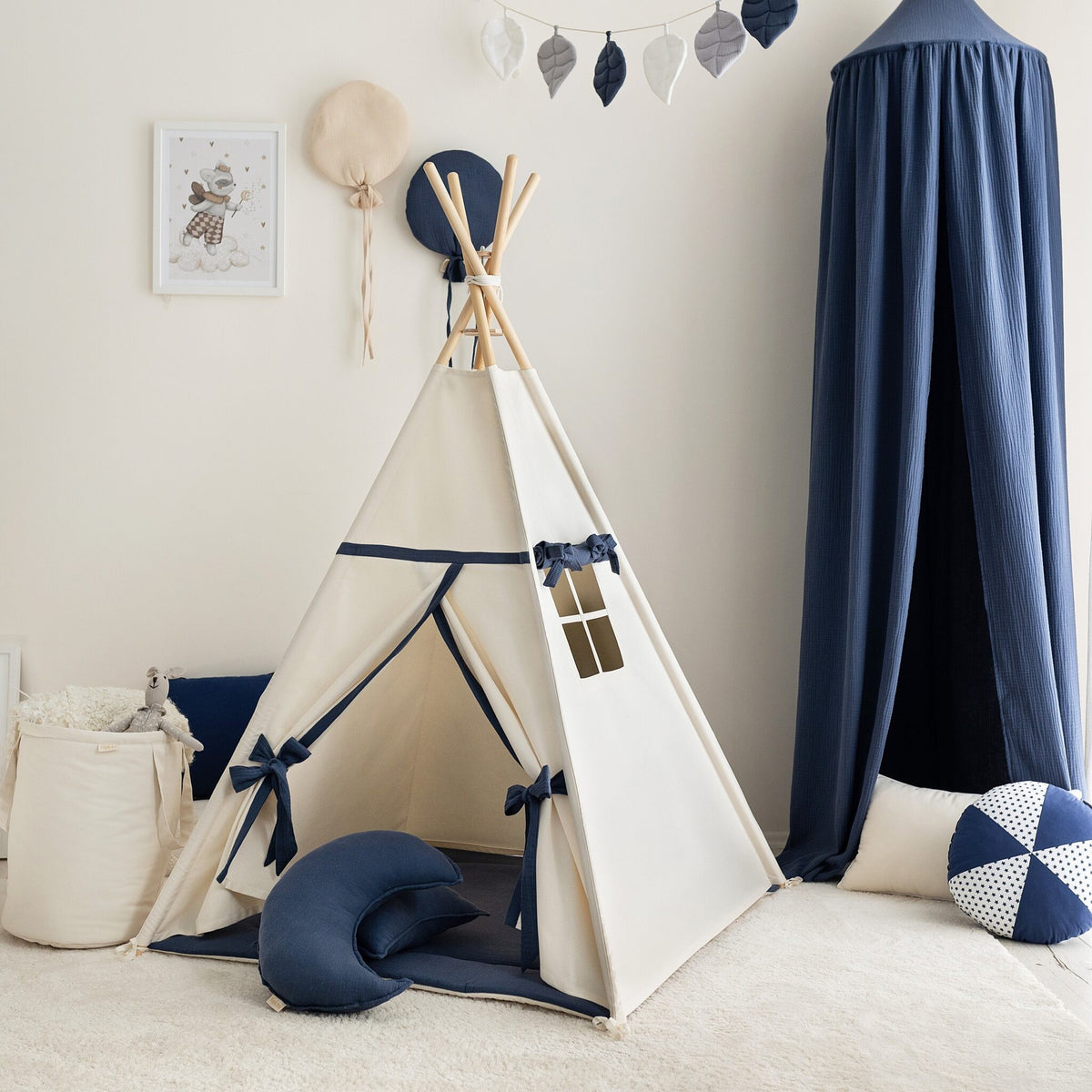 Tipi tent kind beige met donkerblauw – afbeelding 3