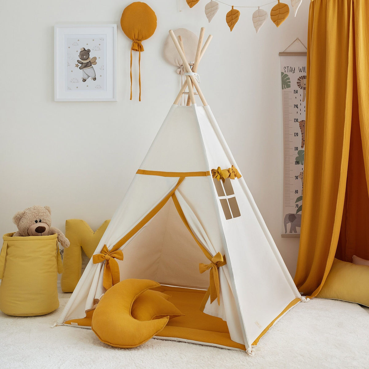 Tipi tent kind beige met mosterdgeel – afbeelding 2