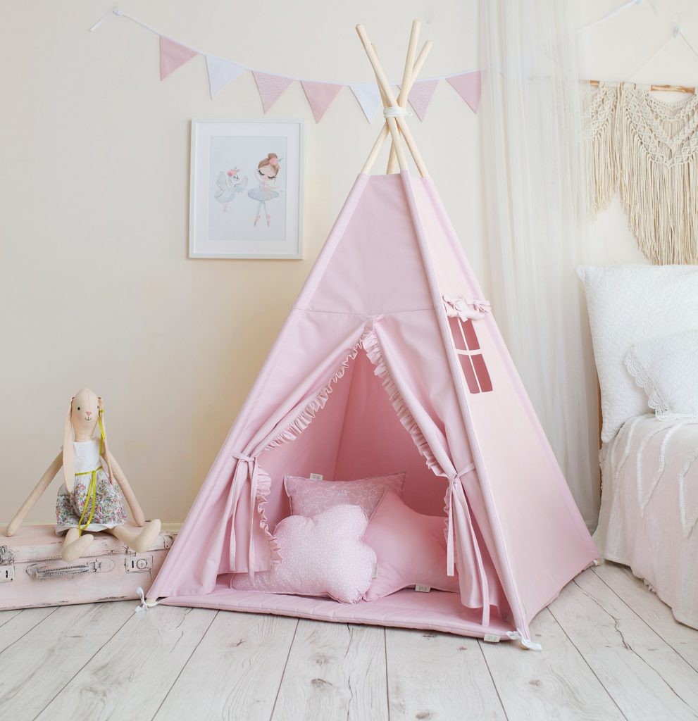 Roze tipi tent kind met ruches – afbeelding 2