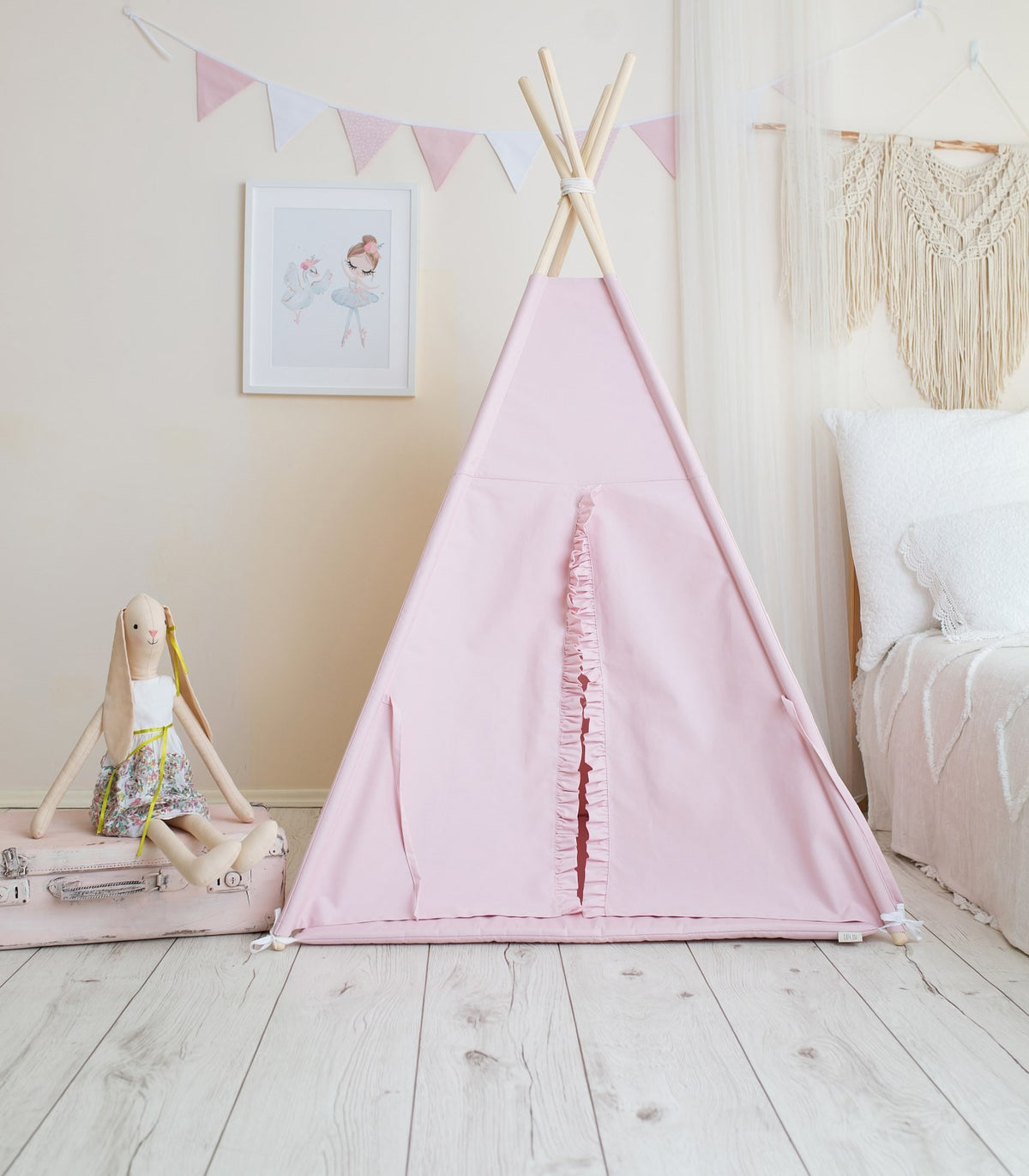 Roze tipi tent kind met ruches – afbeelding 3