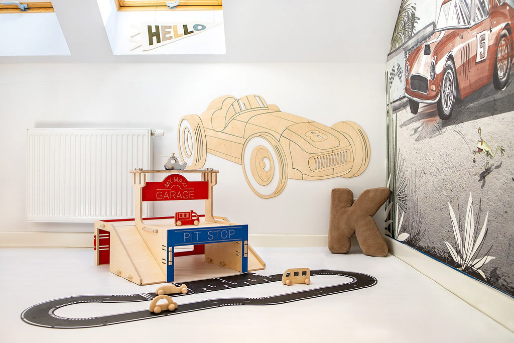Wanddecoratie kinderkamer – houten retro raceauto
