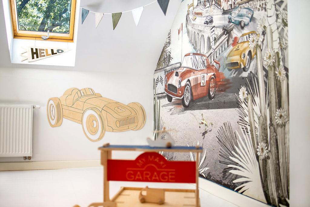 Wanddecoratie kinderkamer – houten retro raceauto – afbeelding 2