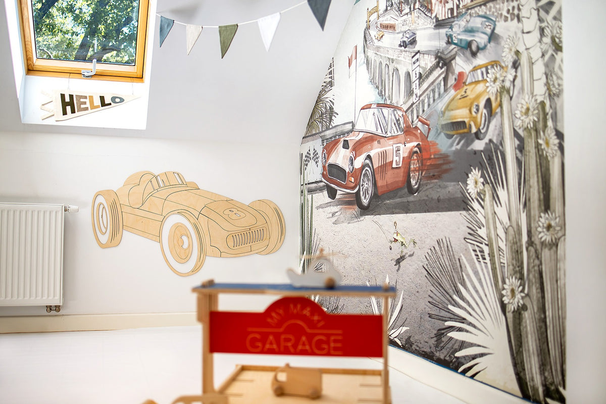 Wanddecoratie kinderkamer – houten retro raceauto – afbeelding 2