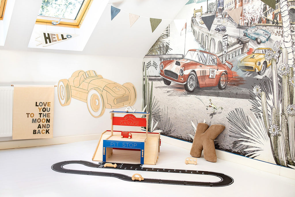 Wanddecoratie kinderkamer – houten retro raceauto – afbeelding 4