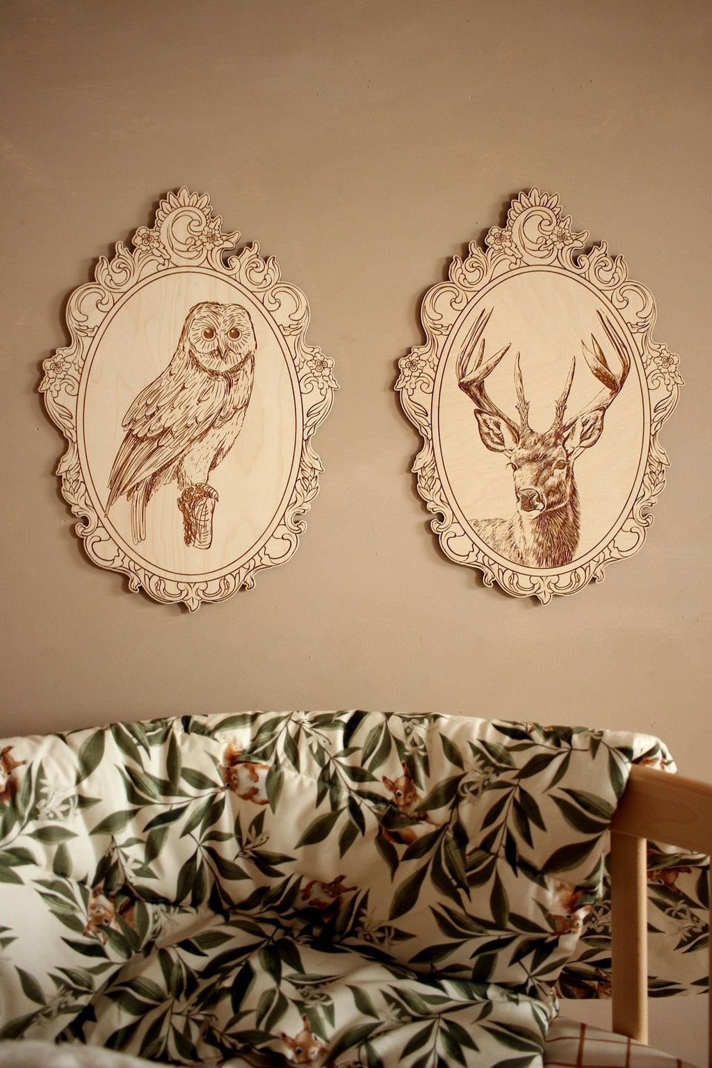 Wanddecoratie kinderkamer – set van 4 houten bosdieren in retrolijst