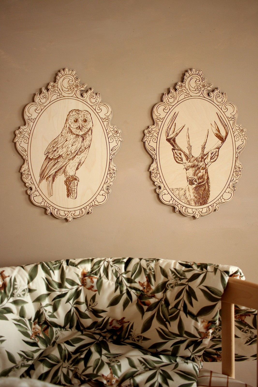 Wanddecoratie kinderkamer – set van 4 houten bosdieren in retrolijst