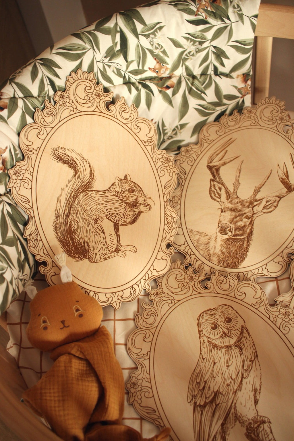 Wanddecoratie kinderkamer – set van 4 houten bosdieren in retrolijst – afbeelding 12