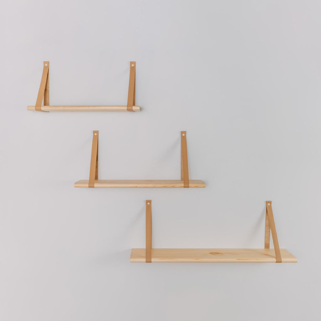 Zwevende houten wandplank 60 cm met leren banden – afbeelding 9