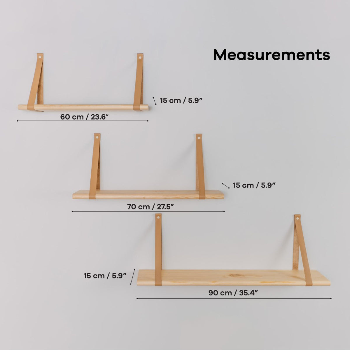 Wandplank kinderkamer zwevend met leren banden 70 cm – afbeelding 2